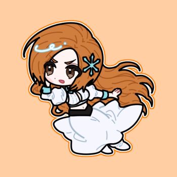 1girl aqua_trim bleach boots breasts brown_eyes brown_hair chibi chibi_only commentary_request crop_top detached_sleeves furrowed_brow hair_ornament inoue_orihime juliet_sleeves korean_commentary long_hair long_skirt long_sleeves medium_breasts midriff navel open_mouth orange_background parted_bangs puffy_sleeves sanilgong shirt skirt snowflake_hair_ornament solo white_boots white_shirt white_skirt