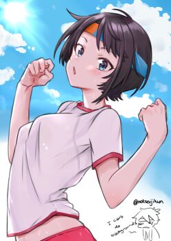 1girl absurdres alternate_costume artist_self-insert black_hair blue_eyes blue_sky blush breasts buruma clenched_hands cloud cloudy_sky commentary day english_commentary english_text gym_uniform headband highres hololive looking_at_viewer medium_breasts midriff oozora_subaru open_mouth outdoors red_buruma seiji_kimoti shirt short_hair short_sleeves sky solo sun sunlight sweat twitter_username upper_body virtual_youtuber white_shirt