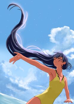 1girl absurdres armpits breasts cleavage closed_eyes cloud cloudy_sky collarbone commentary_request dark-skinned_female dark_skin day dutch_angle gundam gundam_gquuuuuux highres kinomiki long_hair nyaan_(gundam_gquuuuuux) ocean one-piece_swimsuit outdoors outstretched_arms purple_hair sky smile solo spread_arms swimsuit very_long_hair yellow_one-piece_swimsuit