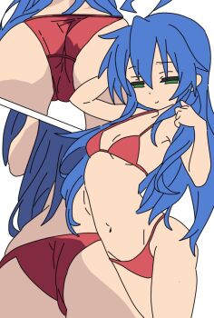 1girl ahoge artist_request ass bikini blue_hair breasts closed_mouth green_eyes hair_between_eyes half-closed_eyes izumi_konata loli long_hair looking_at_viewer lucky_star mole mole_under_eye multiple_views navel red_bikini simple_background small_breasts smile swimsuit white_background