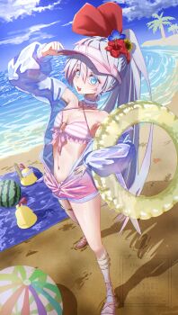 1girl absurdres ball bare_shoulders beach beachball bikini blue_eyes blue_flower blue_sky choker cloud commentary_request cybill_(snack_nili) flat_chest flower food frilled_choker frills fruit gradient_hair hair_flower hair_ornament halterneck high_ponytail highres holding holding_swim_ring humimaru_35p innertube jacket long_hair long_sleeves looking_at_viewer multicolored_hair navel ocean open_mouth pink_bikini pink_hair ponytail red_flower sandals see-through_clothes see-through_jacket sky snack_nili solo sunflower swim_ring swimsuit thigh_strap virtual_youtuber visor_cap watermelon white_hair