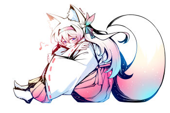1girl animal_ears blue_ribbon blush brown_hairband commentary_request electronduck firefly_(honkai:_star_rail) fox_ears fox_tail gradient_eyes gradient_hair green_pupils grey_hair hair_between_eyes hair_intakes hair_ornament hair_ribbon hairband honkai:_star_rail honkai_(series) japanese_clothes long_hair long_sleeves miko multicolored_eyes multicolored_hair musical_note open_mouth ribbon shirt sitting smile solo tail white_shirt