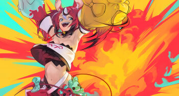 1girl absurdres animal_ear_fluff animal_ears armpits arms_up asymmetrical_sleeves bandeau black_bandeau black_hair black_streaks blue_eyes bow breasts cheese choker cleavage clothes_writing commentary detached_sleeves dice dice_hair_ornament double-parted_bangs explosion explosion_background food hair_between_eyes hair_ornament hakos_baelz hakos_baelz_(1st_costume) highres hololive hololive_english key large_breasts linea_alba littlecupcake mouse_ears mouse_tail multicolored_hair multicolored_skirt navel open_mouth red_hair sharp_teeth skirt spiked_choker spikes standing stuffed_animal stuffed_toy tail tail_bow tail_ornament teddy_bear teeth twintails uneven_twintails virtual_youtuber white_hair