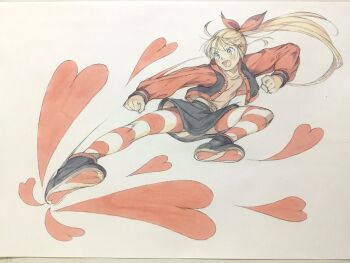 1girl belt belt_buckle black_shoes black_skirt blonde_hair blue_eyes bow brown_belt brown_shirt buckle clenched_hands commentary flying_kick full_body hair_bow heart heart_print highres jacket kicking letterman_jacket long_hair open_clothes open_jacket open_mouth original peter_salt print_shorts red_bow red_jacket red_thighhighs shirt shoes shorts skirt solo striped_clothes striped_thighhighs thighhighs traditional_media white_background