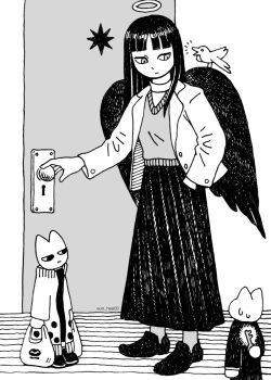 1girl bird blunt_bangs cellphone eun_hee00 full_body greyscale halo holding holding_phone jacket long_hair long_sleeves monochrome no_nose original phone shoes skirt solo standing