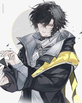 1boy arknights arknights:_endfield black_hair black_jacket blue_eyes chinese_commentary commentary_request endministrator_(arknights) hair_between_eyes high_collar highres jacket long_sleeves looking_at_viewer male_endministrator_(arknights) male_focus mixed-language_commentary open_clothes open_jacket parted_lips scarf shirt short_hair simple_background solo upper_body vidoakdame white_background white_shirt yellow_scarf