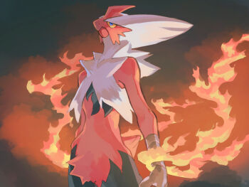 1other blaziken blue_eyes claws colored_sclera commentary_request fire furry fusenryo gen_3_pokemon mega_blaziken mega_pokemon nintendo pokemon pokemon_(creature) pokemon_focus solo yellow_sclera