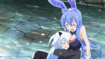 &gt;_&lt; 2girls :3 :d &gt;_&lt; animal_ears animated animated_gif between_breasts black_legwear blue_hair breast_smother breasts cherry_blossoms detached_collar closed_eyes face_between_breasts face_to_breasts fake_animal_ears frills gloves head_between_breasts kurousagi_(mondaiji) long_hair lowres mondaiji-tachi_ga_isekai_kara_kuru_sou_desu_yo? multiple_girls open_mouth pantyhose petals playboy_bunny pointy_ears rabbit_ears red_eyes sharp_teeth shiroyasha_(mondaiji) smile stone_floor teeth twintails very_long_hair water wavy_mouth white_hair x3 xd