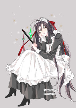 1boy ahoge alternate_costume apron asacobeat back_bow black_boots black_dress black_hair boots bow chenqing_flute commentary_request crossdressing crossdressing_(mtf) dizi dress enmaided fire flute flute_tassel frilled_apron frills full_body green_fire hair_down hair_ribbon half_updo hand_on_own_cheek hand_on_own_face head_rest high_heels holding holding_flute holding_instrument instrument invisible_chair long_hair long_sleeves looking_at_viewer maid maid_apron maid_headdress male_focus modao_zushi official_alternate_hairstyle pale_skin parted_lips red_eyes red_ribbon ribbon sidelocks sitting solo sparkle tassel transverse_flute trap twitter_username very_long_hair wei_wuxian wei_wuxian_(yiling_laozu) white_apron
