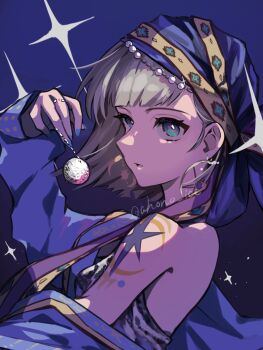 Rule 34 | 1girl, aisu (ahono ice), blue background, blue coat, blue eyes, blue headscarf, coat, from side, grey hair, hand up, headscarf, highres, holding, holding pendulum, mercuria (reverse:1999), parted lips, pendulum, profile, reverse:1999, short hair, shoulder tattoo, single bare shoulder, single off shoulder, solo, sparkle, tattoo, upper body