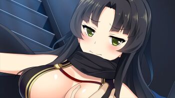 1boy 1girl araya_kazuki bare_arms bare_shoulders black_scarf blush breasts closed_mouth darkness game_cg grabbing_another&#039;s_breast green_eyes groping large_breasts long_hair looking_at_viewer moe!_ninja_girls official_art outstretched_arms pov_hand saion-ji_enju scarf sidelocks solo spread_arms stairs