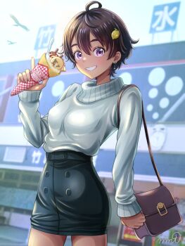 1girl aichi_prefecture bag bird black_hair blush breasts brown_bag brown_eyes brown_hair building clenched_teeth collared_sweater commentary_request crepe earrings food food-themed_hair_ornament green_skirt hair_ornament handbag highres holding holding_crepe holding_food ice_cream_crepe jewelry lemon_hair_ornament long_sleeves make_heroine_ga_oo_sugiru! manato medium_breasts miniskirt official_alternate_costume outdoors pencil_skirt purple_eyes real_world_location ribbed_collar short_hair shoulder_bag signature skirt sky smile solo sweater sweater_tucked_in teeth white_sweater yakishio_lemon
