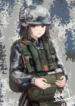 Rule 34 | 1girl, absurdres, backpack, bag, camouflage, camouflage background, dated, digital camouflage, grey eyes, helmet, highres, looking at viewer, miliki, military combat uniform, military uniform, original, people's liberation army, signature, solo
