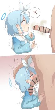1boy 1girl age_difference arona_(blue_archive) bar_censor blue_archive blue_hair blue_halo blue_shirt censored clothed_female_nude_male colored_inner_hair constricted_pupils crying crying_with_eyes_open embarrassed fellatio from_side gradient_background hair_ribbon halo hand_on_another's_head hands_up hetero imminent_fellatio irrumatio jallass loli long_sleeves looking_at_penis medium_hair multicolored_hair nude open_mouth oral penis penis_close_to_face pink_background profile rape ribbon rolling_eyes sailor_collar scared shirt simple_background smegma tears testicles two-tone_background two-tone_hair upper_body white_background white_ribbon white_sailor_collar wide-eyed