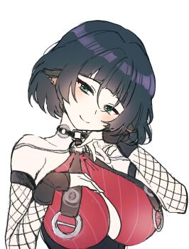 1girl 5rwpvc animal_ears black_hair breasts commentary_request fishnet_sleeves fishnets green_eyes highres jane_doe_(nocturne_of_light)_(zenless_zone_zero) jane_doe_(zenless_zone_zero) korean_commentary large_breasts looking_at_viewer mouse_ears mouse_girl official_alternate_costume short_hair simple_background smile solo two-tone_one-piece_swimsuit upper_body white_background zenless_zone_zero