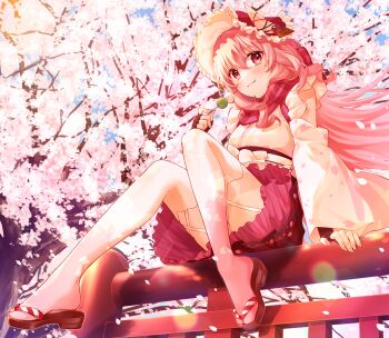 1girl absurdres bonnet breasts cherry_blossoms commentary_request commission dango detached_sleeves eating falling_petals food food_in_mouth frills full_body garter_straps hakama hakama_skirt highres holding holding_food horns japanese_clothes long_hair medium_breasts miniskirt on_railing original petals pink_scarf pink_skirt railing sandals sanshoku_dango scarf skeb_commission skirt solo thighhighs tohyama_shage tree very_long_hair wagashi white_thighhighs