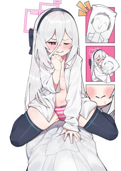 1boy 1girl araimelon black_hairband black_thighhighs blue_archive blush bow bow_panties breasts closed_mouth dakimakura_(object) doodle_sensei_(blue_archive) female_masturbation girl_on_top grey_hair hair_between_eyes hairband halo hugging_object humping kei_(blue_archive) loli long_hair long_sleeves masturbation multiple_views navel one_eye_closed open_clothes open_shirt panties pillow pillow_hug pink_halo pink_panties red_eyes sensei_(blue_archive) shirt small_breasts smile straddling striped_clothes striped_panties teeth thighhighs underwear white_hair white_shirt