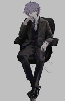 Rule 34 | 1boy, absurdres, arm rest, black jacket, black necktie, black pants, black shoes, black socks, black suit, chair, closed mouth, collared shirt, elbow rest, formal clothes, full body, grey background, grey hair, hair between eyes, highres, jacket, looking at viewer, male focus, nagisa kaworu, necktie, neon genesis evangelion, office chair, pants, red eyes, shirt, shoes, short hair, short necktie, simple background, sitting, socks, suit, swivel chair, white shirt, yorumi1117