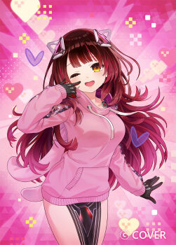 1girl :d ;d alt_text animal_ear_hood animal_hood brown_hair camouflage commentary_request copyright_notice cowboy_shot fake_animal_ears finger_to_cheek gradient_hair hair_ornament heart hololive hood hood_down hoodie long_hair long_sleeves looking_at_viewer mechanical_arms mechanical_legs multicolored_hair official_art one_eye_closed open_mouth pink_background pink_hoodie pointing pointing_at_self rabbit_hood red_hair roboco-san roboco-san_(hoodie) sleeves_past_wrists smile solo two-tone_hair umieekaki virtual_youtuber wavy_hair yellow_eyes