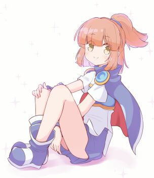 1girl arle_nadja arm_between_legs armor armored_dress blue_boots blue_cape blue_hairband blue_skirt boots breastplate brown_eyes brown_hair cape commentary_request dress hairband hand_on_knees highres jazz_grace knees_apart_feet_together looking_at_viewer madou_monogatari on_floor ponytail puyopuyo shirt short_hair shoulder_armor sidelocks sitting skirt smile solo sparkle upskirt white_background white_shirt wristband