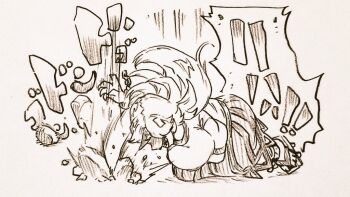 Rule 34 | 1girl, breasts, broken, broken chain, chain, commentary request, cuffs, geta, horns, hoshiguma yuugi, large breasts, long hair, menotama, multi-source commentary, oni, pointy ears, puffy short sleeves, puffy sleeves, shackles, shirt, short sleeves, single horn, skirt, solo, speech bubble, touhou, traditional media, translation request, very long hair