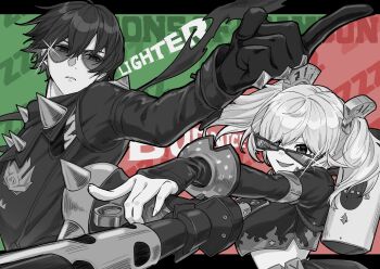 Rule 34 | 1boy, 1girl, black gloves, black jacket, black skirt, boots, breasts, burnice white, flamethrower, gloves, greyscale with colored background, highres, jacket, kikka 0141, lighter (zenless zone zero), looking at viewer, open mouth, pleated skirt, pointing, short twintails, skirt, sunglasses, twintails, weapon, zenless zone zero