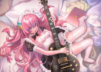 1girl @_@ alternate_costume black_bow black_bowtie black_dress blue_eyes blush bocchi_the_rock! bow bowtie breasts cleavage commentary cube_hair_ornament detached_collar dress electric_guitar english_commentary enmaided frills from_above gibson_les_paul gotoh_hitori guitar hair_between_eyes hair_ornament highres holding holding_guitar holding_instrument instrument large_breasts long_hair looking_at_viewer lying maid maid_headdress mila_(milaart12) on_back on_bed one_side_up open_mouth pillow pink_hair signature solo thighhighs traditional_bowtie very_long_hair white_thighhighs zettai_ryouiki