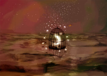 Rule 34 | 1girl, birdcage, brown sky, cage, commentary request, crescent moon, desert, flying, food, moon, nuq, original, outdoors, scenery, shrimp, shrimp tempura, sky, solo, star (sky), starry sky, tempura, wide shot