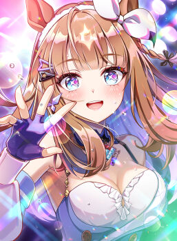 1girl almond_eye_(umamusume) animal_ears blue_eyes blue_gloves blue_hair blurry blush bokeh bow bow_hairband breasts brown_hair cleavage colored_inner_hair commentary cross-shaped_pupils depth_of_field detached_sleeves dress fingerless_gloves gloves hairband hand_up highres horse_ears horse_girl karen_(navy_42) large_breasts long_hair looking_at_viewer multicolored_hair open_mouth sleeveless sleeveless_dress smile solo sweat sweatdrop symbol-only_commentary symbol-shaped_pupils teeth umamusume upper_body upper_teeth_only white_bow white_dress white_sleeves