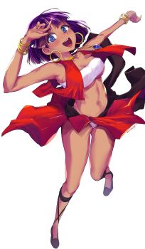 Rule 34 | 1girl, bandeau, blue eyes, bracelet, breasts, cleavage, dark skin, dark-skinned female, earrings, fushigi no umi no nadia, hair ornament, hairclip, highres, jewelry, loincloth, looking at viewer, medium breasts, midriff, nadia la arwall, neck ring, necklace, open mouth, panties, purple hair, short hair, simple background, smile, solo, strapless, tube top, underboob, underwear, vest, white background, white panties, yumeno tanuki