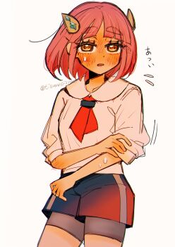 1girl blush commentary_request eyelashes flying_sweatdrops hair_ornament hairclip highres hot lacey_(pokemon) neckerchief nintendo nose_blush orange_eyes parted_lips pink_hair pokemon pokemon_sv red_neckerchief shirt short_hair shorts shorts_under_shorts simple_background sleeves_rolled_up solo sweat tisanntisyou twitter_username white_background white_shirt