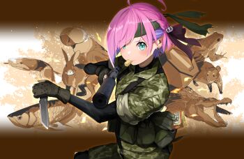 1girl ahoge animal big_boss bird black_ribbon blue_eyes braid caloriemate camouflage camouflage_jacket camouflage_pants cosplay crocodile crocodilian dual_wielding earrings fingerless_gloves fish food_in_mouth frog gloves green_ribbon gun hair_ribbon handgun highres himemori_luna holding holding_gun holding_knife holding_weapon hololive jacket jewelry knife metal_gear_(series) metal_gear_solid_3:_snake_eater mouse_(animal) naked_snake pants parrot pouch rabbit ribbon sleeves_rolled_up snake solid_snake solid_snake_(cosplay) sora_no_tori suppressor tassel tassel_earrings virtual_youtuber weapon