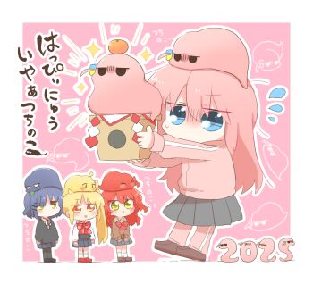 2025 4girls blonde_hair blue_hair blush bocchi_the_rock! border brown_shoes chibi chibi_only commentary_request cube_hair_ornament flying_sweatdrops food fruit full_body gotoh_hitori gotoh_hitori_(tsuchinoko) grey_skirt hair_between_eyes hair_ornament happy_new_year ijichi_nijika jacket kita_ikuyo long_hair low_twintails mandarin_orange multiple_girls new_year one_side_up open_mouth outline outside_border pink_background pink_hair pink_jacket pleated_skirt rebecca_(keinelove) red_hair shoes short_hair skirt sparkle standing track_jacket twintails white_border white_outline yamada_ryo