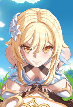 1boy 1girl absurdres aether_(genshin_impact) artist_name bare_shoulders black_gloves blonde_hair blue_sky breasts breasts_apart brother_and_sister close-up closed_mouth day downblouse dress extended_downblouse flower genshin_impact girl_on_top gloves good_morning_my_brother_(meme) grass hair_between_eyes hair_flower hair_ornament hetero highres incest luizhtx lumine_(genshin_impact) medium_breasts outdoors parody partially_fingerless_gloves pov scene_reference siblings sky sleeveless sleeveless_dress smile solo_focus straddling thighhighs tokidoki_bosotto_roshia-go_de_dereru_tonari_no_alya-san white_dress white_flower white_thighhighs yellow_eyes