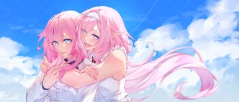 2girls alisarna_(twitter) blue_eyes blue_sky breasts color_connection commentary commission company_connection cyrene_(aedes_elysiae)_(honkai:_star_rail) cyrene_(honkai:_star_rail) elf elysia_(honkai_impact) english_commentary hair_color_connection hairband highres honkai:_star_rail honkai_(series) honkai_impact_3rd hug hug_from_behind inoue_marina long_hair medium_breasts medium_hair multiple_girls open_mouth outdoors pink_hair pointy_ears shirt sky upper_body very_long_hair vgen_commission voice_actor_connection white_hairband white_shirt yanning