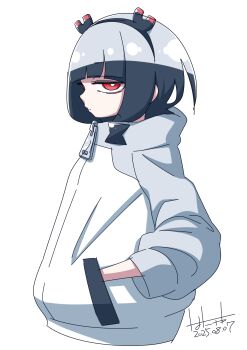 Rule 34 | 1girl, black hair, black hairband, blunt bangs, bright pupils, commentary request, cropped torso, dated, expressionless, grey sweater, hairband, hand in pocket, hanya (hanya yashiki), highres, jitome, jitomi monoe, looking at viewer, red eyes, short hair, signature, simple background, solo, sweater, two-tone sweater, virtual youtuber, voms, white background, white pupils, white sweater