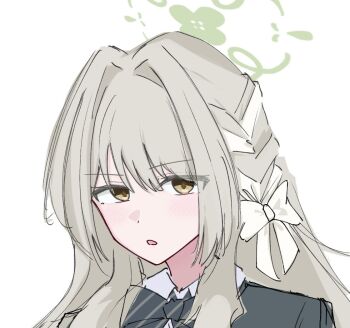 Rule 34 | 1girl, black bow, black bowtie, blue archive, blush, bow, bowtie, braid, brown eyes, commentary request, diagonal-striped bow, diagonal-striped bowtie, diagonal-striped clothes, green halo, grey hair, hair bow, halo, hukuro kasiwa, long hair, looking at viewer, miyo (blue archive), shirt, simple background, solo focus, striped bow, striped bowtie, striped clothes, white background, white bow, white shirt