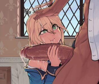 1boy 1girl after_fellatio alternate_hairstyle arc_system_works blazblue blonde_hair boxman clothed_sex collared_shirt cum functionally_nude grabbing_another&#039;s_hair green_eyes handjob headpat heart heart-shaped_pupils hetero highres holding_another&#039;s_hair huge_penis noel_vermillion penis school_uniform shirt symbol-shaped_pupils tagme testicles twitching twitching_penis unbuttoned unbuttoned_shirt