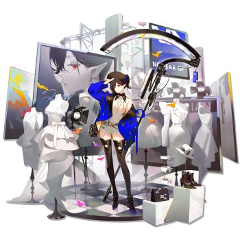 1girl absurdres arknights ask_(askzy) bag bat_(animal) belt black_bag black_belt black_boots black_bow black_collar black_hair blue_jacket boots bow camera character_signature checkered_floor collar cross dress earrings english_text entelechia_(arknights) entelechia_(dazzling_blue)_(arknights) flower flower_earrings full_body hair_between_eyes handbag hat heart high_heel_boots high_heels highres holding holding_scythe jacket jewelry lapels looking_at_viewer mannequin model mole mole_under_eye notched_lapels official_alternate_costume official_art open_clothes open_jacket origami parted_lips photo_shoot plunging_neckline pointy_ears red_eyes salute scythe shirt short_hair shorts single_off_shoulder sleeveless sleeveless_shirt solo standing star-shaped_pupils star_(symbol) studio studio_lights symbol-shaped_pupils thigh_boots third-party_source transparent_background two-finger_salute vampire white_dress white_flower white_hat white_shirt white_shorts wide_brim