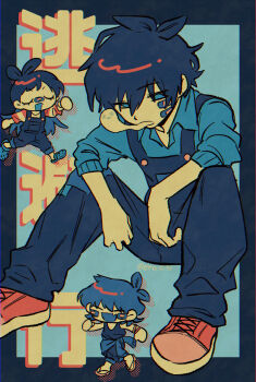 1boy 1girl antenna_hair bandaid bandaid_on_cheek bandaid_on_face black_hair black_overalls blue_eyes blue_shirt character_request chibi collared_shirt copyright_request fang highres knees_up limited_palette long_hair long_sleeves menma_(enaic31) open_mouth overalls shirt short_hair sitting skin_fang translation_request twitter_username