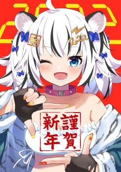 Rule 34 | 1girl, 2022, ;d, ahase hino, ahoge, animal ear fluff, animal ears, animal print, black gloves, black hair, blue bow, blue eyes, blue jacket, blush, bow, breasts, chinese zodiac, choker, cleavage, collar, collarbone, commentary request, fake nails, fingerless gloves, fingernails, frilled tube top, frills, gloves, hair bow, highres, jacket, multicolored hair, nail polish, nengajou, new year, one eye closed, open mouth, original, pink choker, red background, red nails, smile, solo, spiked collar, spikes, strapless, streaked hair, tiger ears, tiger print, translation request, tube top, twintails, white hair, yellow nails
