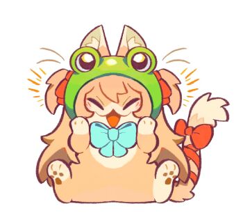 1girl :3 :d ahchive_be animal_ear_fluff animalization aqua_bow aqua_bowtie bow bowtie cat_girl chibi chibi_only closed_eyes frog_hat full_body hair_between_eyes hair_ribbon happy hashtag-only_commentary highres neuro-sama open_mouth red_bow red_ribbon ribbon shout_lines simple_background sitting smile tail tail_bow tail_ornament tail_ribbon two_side_up vedal_ai white_background