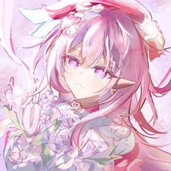 1girl beret bouquet chinese_commentary commentary_request daotian87103 diamond-shaped_pupils diamond_(shape) earrings elf elysia_(hi_love_elf)_(honkai_impact) elysia_(honkai_impact) flower hat heart heart_earrings highres holding holding_bouquet honkai_(series) honkai_impact_3rd jewelry long_hair looking_at_viewer pink_hair pointy_ears purple_eyes smile solo symbol-shaped_pupils upper_body very_long_hair