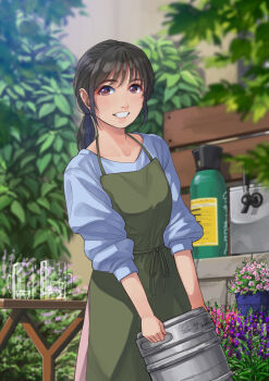 1girl alcohol apron beer beer_mug black_hair brown_eyes collarbone cowboy_shot cup flower long_hair looking_at_viewer mug original otsu_natsu outdoors ponytail smile solo
