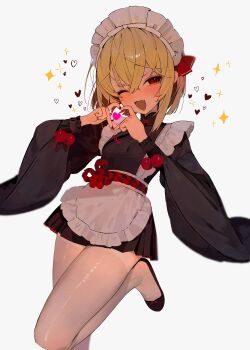 1girl :d absurdres apron black_dress black_shoes blonde_hair collared_dress commentary cowboy_shot dress fang fingernails four-finger_heart_hands hairband hands_up hashtag-only_commentary heart heart_hands highres leg_up looking_at_viewer maid_headdress nail_polish one_eye_closed open_mouth pantyhose pleated_skirt red_eyes red_hairband red_nails rumia shoes short_hair simple_background skin_fang skirt smile solo standing standing_on_one_leg touhou white_apron white_background white_headdress white_pantyhose ya_yuan