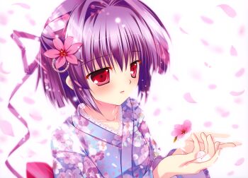 1girl absurdres beads blush cherry_blossoms bad_tag collarbone female_focus floral_print flower hair_beads hair_flower hair_intakes hair_ornament hairclip half_updo hands_up highres japanese_clothes kimono lace looking_away mikeou original parted_lips petals pink_chuchu purple_hair red_eyes short_hair solo upper_body wide_sleeves