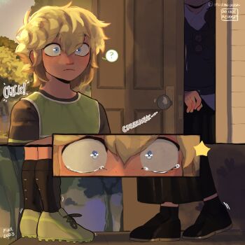 Rule 34 | 2023, ?, alternate costume, alternate universe, artist name, aubrey (faraway) (omori), aubrey (omori), basil (faraway) (omori), basil (omori), black shoes, black skirt, black sweater vest, blonde hair, blue eyes, cleats, closed mouth, collared shirt, door, double-parted bangs, english text, green shoes, highres, left-to-right manga, long skirt, looking at another, madnopost, omori, shin guards, shirt, shoes, short hair, short sleeves, skirt, speech bubble, spoken question mark, sweater vest, white shirt