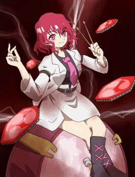 1girl belt black_shirt black_shoes bow closed_mouth commentary_request drum drum_set drumsticks full_body highres holding holding_drumsticks horikawa_raiko instrument jacket lightning long_sleeves looking_at_viewer necktie pink_eyes purple_necktie red_bow red_hair shirt shoes short_hair sirmon sitting sitting_on_drum skirt smile solo touhou white_jacket white_skirt
