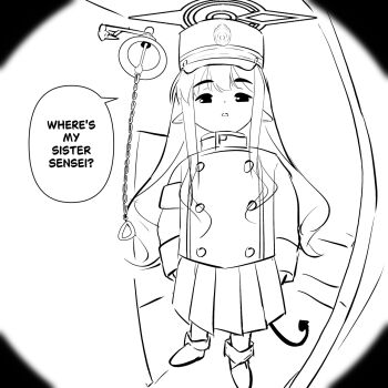 1girl blue_archive demon_tail doorbell_chud_(meme) english_text greyscale halo hat highres hikari_(blue_archive) jacket long_hair looking_at_viewer meme monochrome parted_lips peaked_cap pleated_skirt pointy_ears pov_peephole sketch skirt solo speech_bubble standing sydus tail