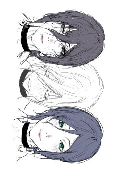 1girl black_choker black_hair blue_hair chainsaw_man choker closed_eyes closed_mouth green_eyes grenade_pin hair_between_eyes highres looking_at_viewer multiple_views partially_colored reze_(chainsaw_man) s_boss820 sideways wet wet_hair